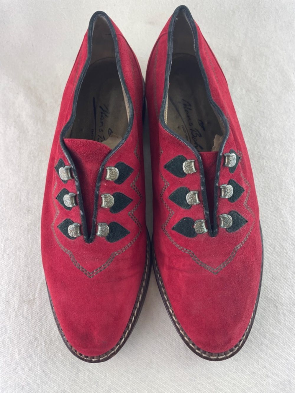 Vintage Italian Red Suede Slip-On Loafers with Silver Buckle Accents Size 9.5/40